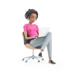 3d beautiful woman sitting in chair with laptop