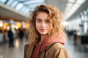 Młoda dziewczyna w podróży na lotnisku. 