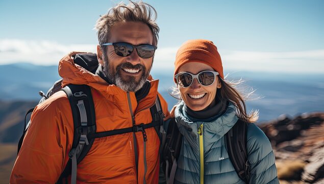 Małżeństwo podr&oacute;żujące po g&oacute;rskich szlakach. 