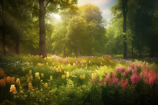 Vibrant nature scene depicting a summer forest filled with colorful flowers. Generative AI