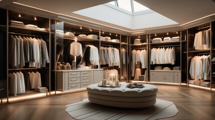 A designer walk-in closet with organized shelving, Elegant lighting and luxury finishes.