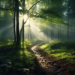 Fototapeta premium A forest in the early morning with sunlight. Generative AI