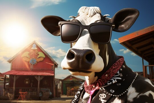 Sunglass-clad cow on a farm, with wallart in the background, striking a funny pose. Generative AI © Soraya
