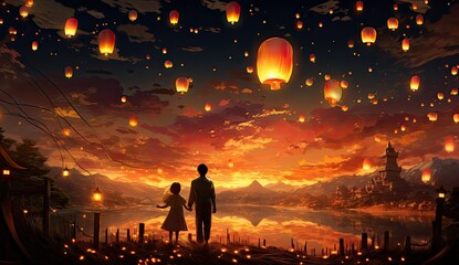Ojciec z córką oglądający latające lampiony na nocnym niebie.  - obrazy, fototapety, plakaty