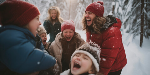 Kids and parents laughing during snowball fight in the forest