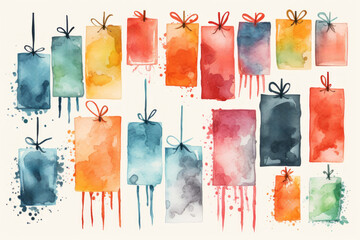 An array of watercolor sale tags, price labels, and discounts, emphasizing the attractive deals and savings available on Black Friday.