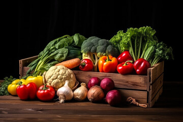 Wooden box full of different types of fresh vegetables on black background