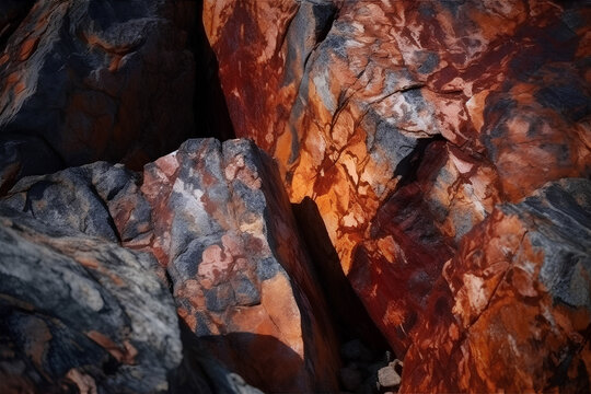 Dark red-gray stones with cracks. Photorealistic image. Rocks. AI generated illustration.