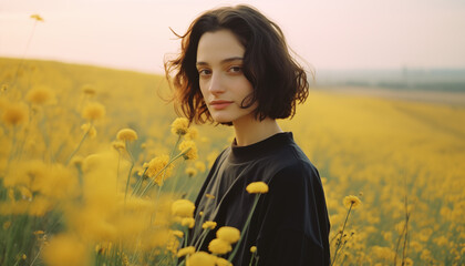 Contemplative Stance in a Yellow Flower Field