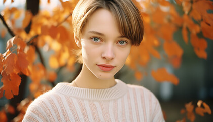 Serene Autumn Mood with Short-Haired Girl