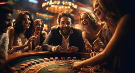 A group of excited people around a roulette table in a casino, the wheel spinning in a blur as they place their bet. - Powered by Adobe