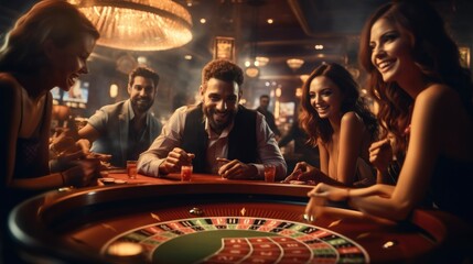 A group of excited people around a roulette table in a casino, the wheel spinning in a blur as they place their bet.