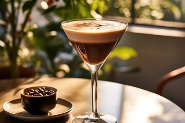 Espresso martini in a coupe glass on a light beige table and setting with sunlight and woody elements in the background.