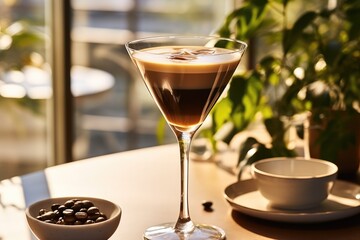 Espresso martini in a coupe glass on a light beige table and setting with sunlight and woody elements in the background. - obrazy, fototapety, plakaty
