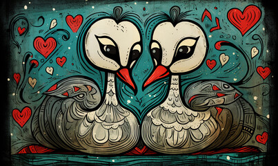 a cartoon of cute couples Swan in love