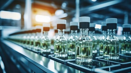 Empty bottles on assembly line in a manufacturing facility.