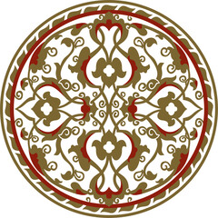 Vector red and gold arabic national round ornament. Ethnic circle, eastern and african peoples of asia, persia, iran, iraq, syria.