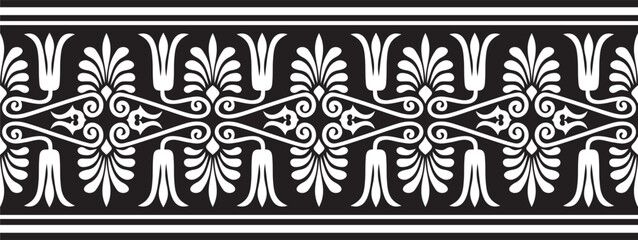 Naklejka premium Vector black monochrome seamless ornament of ancient Greece. Classic Endless pattern frame border Roman Empire..