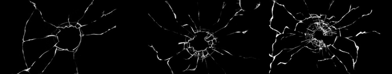 Big collection of cracks of broken glass on black background. Concept of shots on the window for...