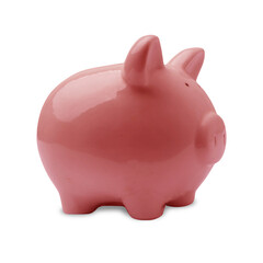 Close up of pink piggy bank piggybank cut out isolated on white