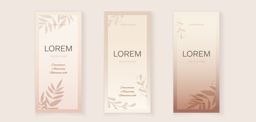 Beige gradient backgrounds with organic floral elements in nude brown pink colors. Vector templates for postcard, poster, flyer, magazine, social media, banner, invitation, presentation