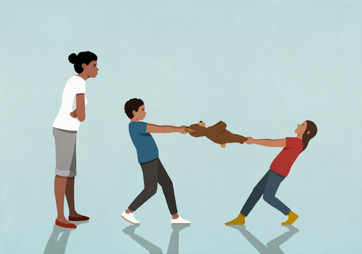 Frustrated mother watching daughter and son fight over teddy bear
