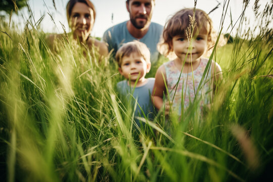 Photo of family walking in grass in summer