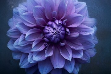 a big purple flower having a blue center against a blue and gray backdrop, with a blue center within its petals. Generative AI