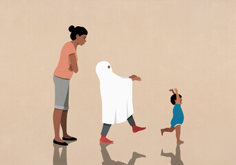 Mother watching daughter in ghost costume chasing baby brother
