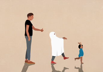 Father watching child in ghost costume chase baby son

