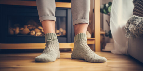 Man at home in warm wool socks in winter time. Concept of central, gas, electric and wood heating. - obrazy, fototapety, plakaty