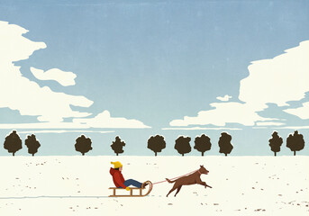 Dog running, pulling girl on sled in snowy winter park
