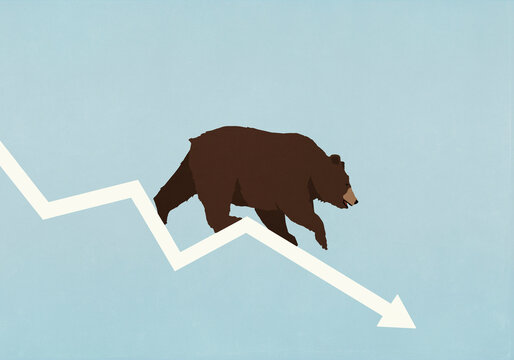 Bear walking down falling stock market arrow on blue background
