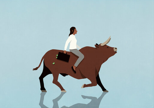 Female investor with money briefcase riding bull market on blue background
