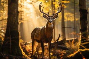 Whitetail deer in the woods with sun shining in background.