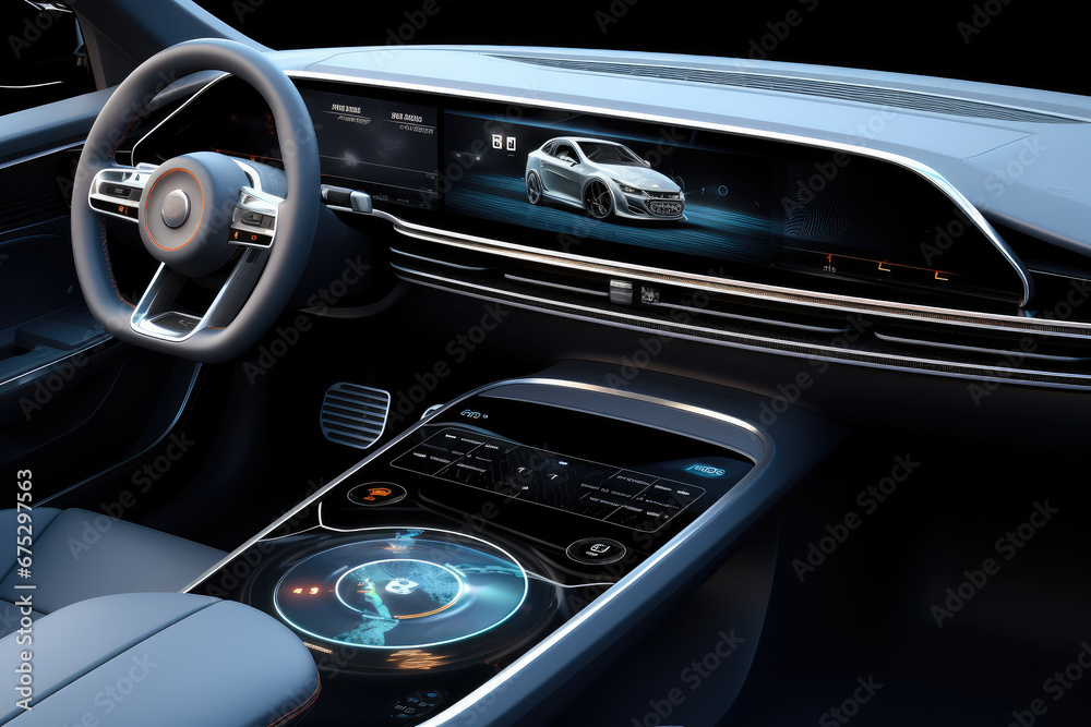 Poster Create a close look image of future autonomous car touchscreen dashboard.