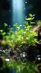 Fototapeta na wymiar Sunlit Serenity: Underwater Plants in a Pond,green leaves and water,green leaves in water