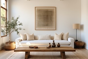 Living room with wood platform couch, Minimalist, Light and bright.