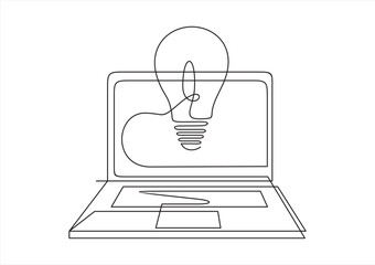 one line drawing of laptop computer with light bulb symbol idea. BIG IDEA. Can used for logo, emblem, slide show and banner.