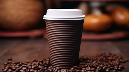 Hot coffee in paper cup on wooden table.