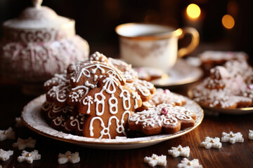 Delicious gingerbread cookies with white icing in a plate on the holiday table. Sweet gift. Preparing for winter family celebration. Healthy eating concept, new year 2024. Bokeh lights. Generative AI - obrazy, fototapety, plakaty