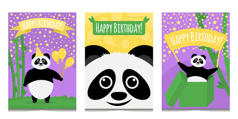 Naklejka premium Set of three happy birthday cards with panda.Charming postcards with cute black and white bear,bamboo,balloons,stars and greeting ribbons.Flat cartoon illustration.Panda's birthday. Isolated on white.