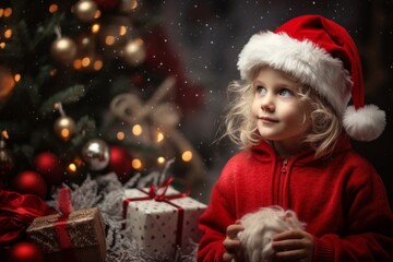 Obraz na płótnie Canvas A girl in a Santa hat against the background of a Christmas tree and Christmas lights with gifts