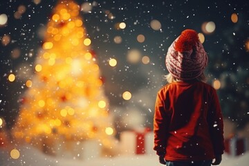 A boy in a Santa hat against the background of a Christmas tree and Christmas lights with gifts