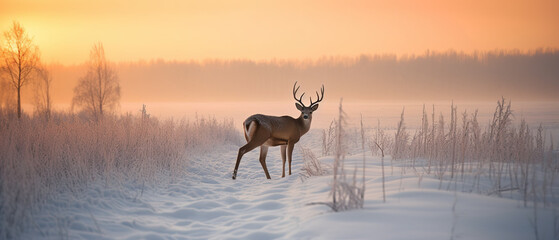  winter with snow, a deer walking in snow field at dawn