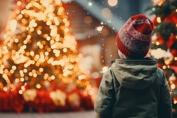 Obraz premium A boy in a Santa hat against the background of a Christmas tree and Christmas lights with gifts