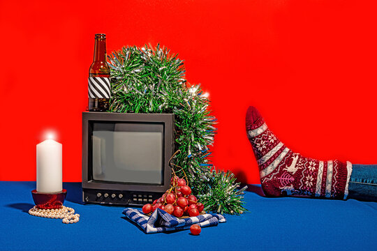 Festive setup with vintage TV and cozy sock