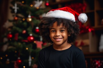 A african american boy in a Santa hat against the background of a Christmas tree and Christmas lights