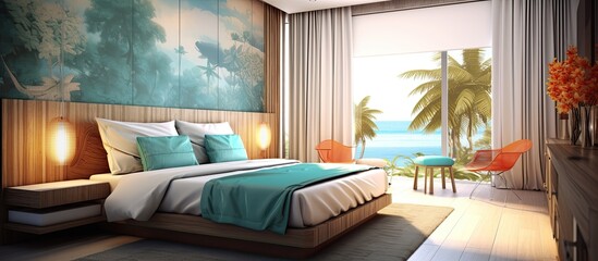 The interior design of the hotel bedroom incorporates a colorful fabric with a textured background to create a relaxing space inspired by the soothing colors of the sea