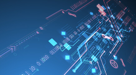 Abstract circuit board on gradient color background. Hand drawn digital technology concept. Vector